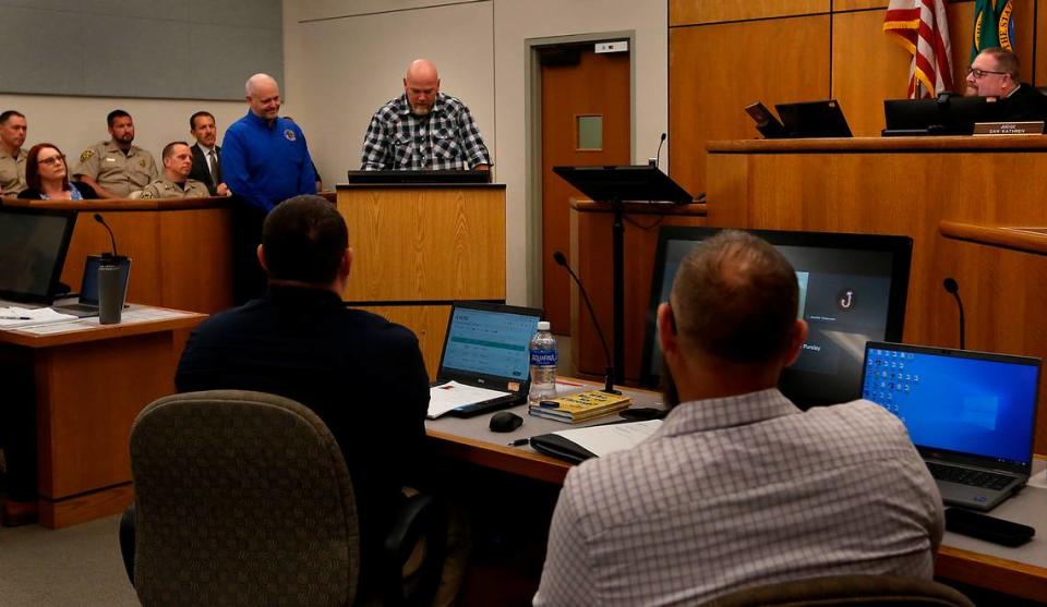 Chris Poland presents his graduation speech at the Benton County Veterans Therapeutic Court at the Benton County Justice Center in Kennewick.