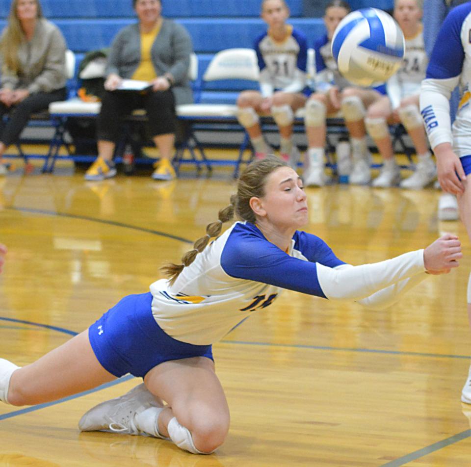 Watertown's Presley Knecht dives to make a dig during a Region 2B volleyball match against Oldham-Ramona-Rutland on Tuesday, Oct. 31, 2023 in Castlewood.