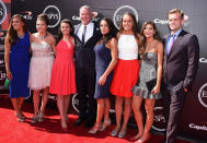 <p>LOS ANGELES, CA - JULY 15: Former NFL player Brett Favre ©, Deanna Favre and family attend The 2015 ESPYS at Microsoft Theater on July 15, 2015 in Los Angeles, California. (Photo by Steve Granitz/WireImage)</p>