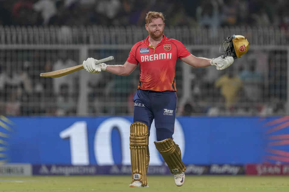 Punjab Kings Jonny Bairstow celebrates after scoring a century during the Indian Premier League cricket match between Kolkata Knight Riders and Punjab Kings' in Kolkata, India, Friday, April 26, 2024. (AP Photo/Bikas Das)