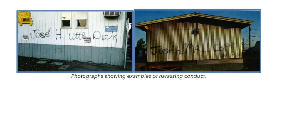 Jose Hernandez, Pasco School District’s former transportation director, is suing his employer for being subject to a racially hostile work environment. His subordinates allegedly distributed these images on social media of offensive graffiti drawn on school district property targeting Hernandez.