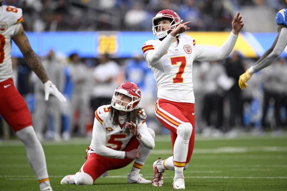 Jan 7, 2024; Inglewood, California, USA; Kansas City Chiefs place kicker Harrison Butker (7) watches his field goal against the Los Angeles Chargers during the first half at SoFi Stadium. Mandatory Credit: Orlando Ramirez-USA TODAY Sports Orlando Ramirez/Orlando Ramirez-USA TODAY Sports