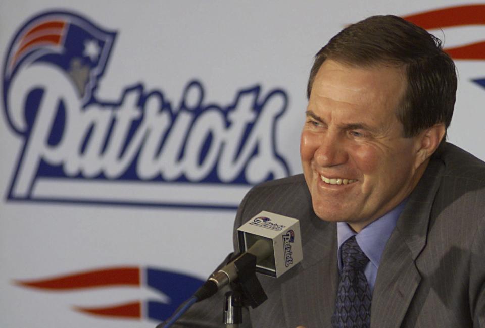 FILE - New England Patriots head coach Bill Belichick addresses questions about the upcoming NFL draft during a news conference at Foxboro Stadium in Foxborough, Mass., Wednesday, April 12, 2000. Six-time NFL champion Bill Belichick has agreed to part ways as the coach of the New England Patriots on Thursday, Jan. 11, 2024, bringing an end to his 24-year tenure as the architect of the most decorated dynasty of the league’s Super Bowl era, a source told the Associated Press on the condition of anonymity because it has not yet been announced. (AP Photo/ Victoria Arocho, File)