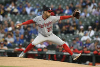 Washington Nationals starter Anibal Sanchez delivers a pitch during the first inning of baseball game against the Chicago Cubs, Monday, Aug. 8, 2022, in Chicago. (AP Photo/Paul Beaty)