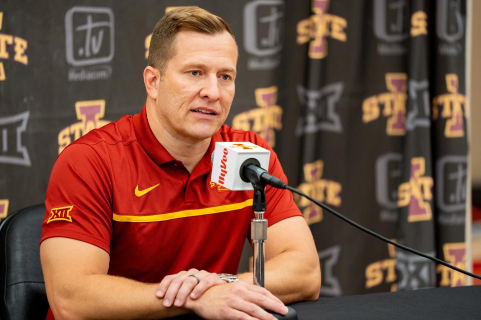 Iowa State coach T.J. Otzelberger speaks to reporters during men's basketball media day in Ames on Wednesday.