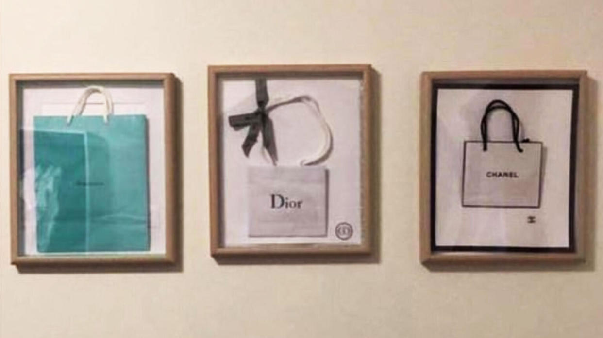 tiffany dior and chanel shopping bags framed for wall art