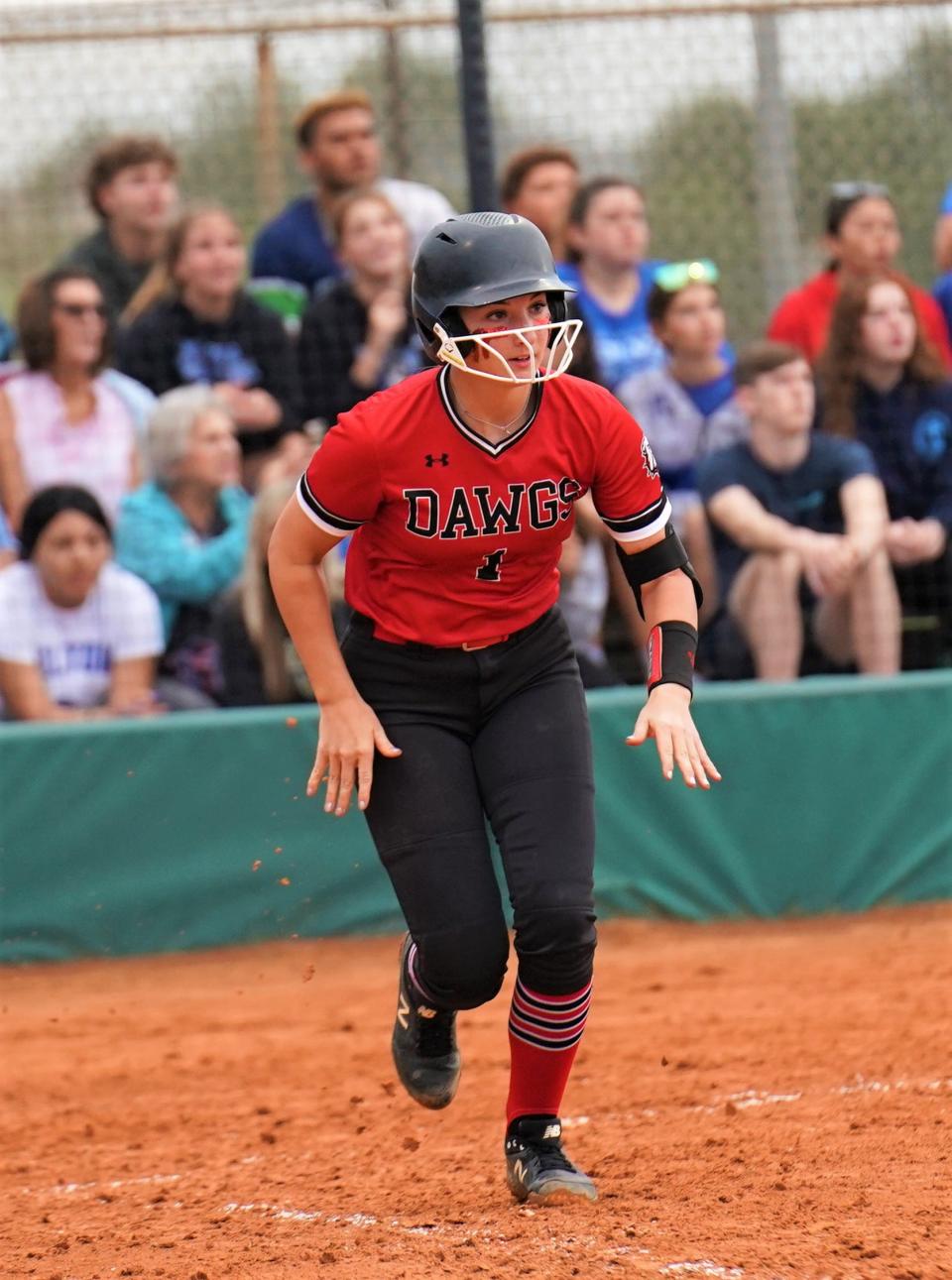 South Fork's Abbie Dewaters watches her ball go to the wall in right field for a triple during the 5A state semifinal against Deltona on Wednesday, May 24, 2023 at Legends Way Ball Fields in Clermont. Deltona won 5-1.