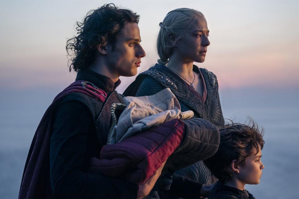 <p>Theo Whitman/HBO</p> Rhaenyra (Emma D’Arcy) seeks to regain power for her family, including sons Jacaerys (Harry Collett, left) and Joffrey (Oscar Eskinazi). 