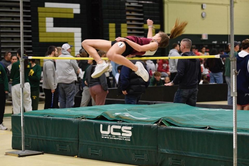 Case's Hannah Santos clears the high jump bar during Saturday's South Coast Conference meet at Greater New Bedford.