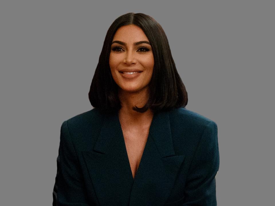 Kim Kardashian West headshot, as tv personality, graphic element on gray