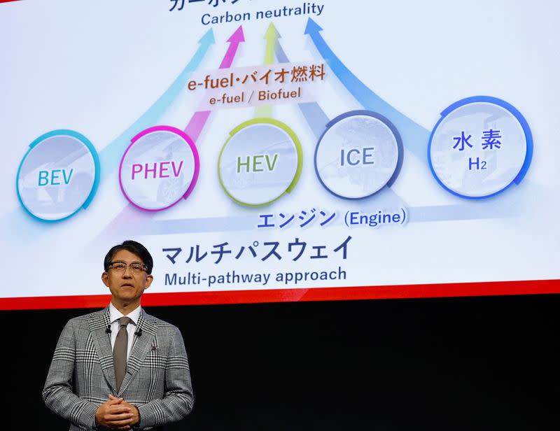 Toyota's CEO Koji Sato attends a press conference with Subaru's and Mazda's CEOs, in Tokyo