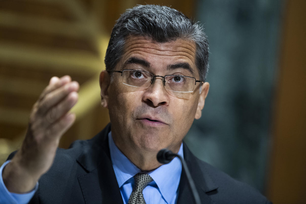 Xavier Becerra, secretary of Health and Human Services, testifies during the Senate Finance Committee on Thursday, June 10, 2021. (Tom Williams/CQ-Roll Call, Inc via Getty Images)