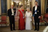 FILE - In this Wednesday, July 12, 2017 file photo Britain's Queen Elizabeth II, her husband Prince Philip, Spain's King Felipe and his wife Queen Letizia pose for a group photograph before a State Banquet at Buckingham Palace in London. Prince Philip's life spanned just under an entire century of European history. His genealogy was just as broad, with Britain's longest-serving consort linked by blood and marriage to most of the continent's royal houses. (AP Photo/Matt Dunham, File)