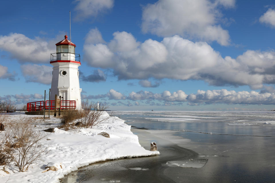 The Cheboygan Lighthouse on Lake Huron in winter