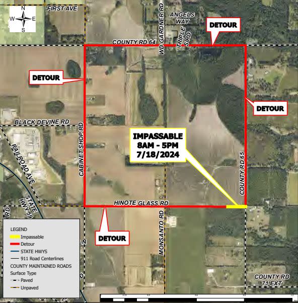 Detour route in place as Hintoe Glass Road between Monsanto and County Road 65 will be impassable to traffic