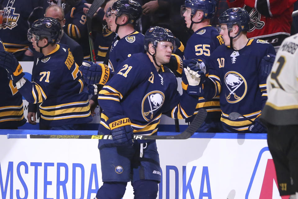 Buffalo Sabres forward Kyle Okposo (21) celebrates his goal during the second period of an NHL hockey game against the Vegas Golden Knights, Tuesday, Jan. 14, 2020, in Buffalo, N.Y. (AP Photo/Jeffrey T. Barnes)