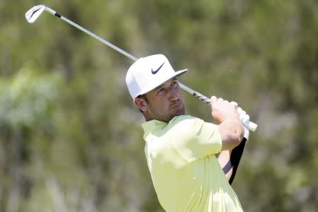 Apr 23, 2017; San Antonio, TX, USA; Kevin Chappell watches his tee shot on the seventh hole during the final round of the Valero Texas Open golf tournament at TPC San Antonio - AT&T Oaks Course. Mandatory Credit: Soobum Im-USA TODAY Sports