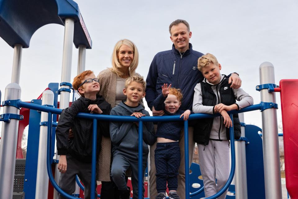 Rep. Blake Moore, R-Utah, and his family, from left, Winston, 8; Jane, his wife; George, 8; Franklin, 2; and Max, 11, pose for a portrait at Dilworth Elementary School in Salt Lake City on Friday, Dec. 22, 2023. | Megan Nielsen, Deseret News