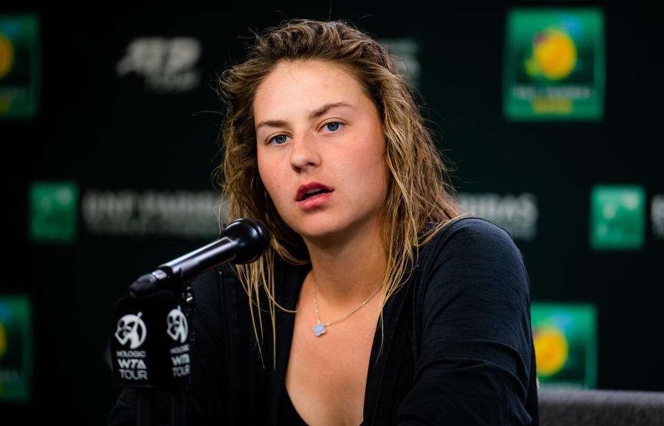 Ukraine star Marta Kostyuk (pictured) talks to the media after defeating Maryna Zanveska in her first round match at the 2022 BNP Paribas Open at the Indian Wells Tennis Garden.