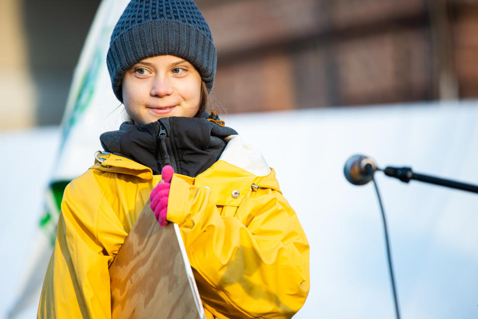 TURIN, PIEDMONT/TURIN, ITALY - 2019/12/13: The Swedish activist Greta Thunberg speaks in Piazza Castello during the Friday for future in Turin, Italy. (Photo by Alberto Gandolfo/Pacific Press/LightRocket via Getty Images)