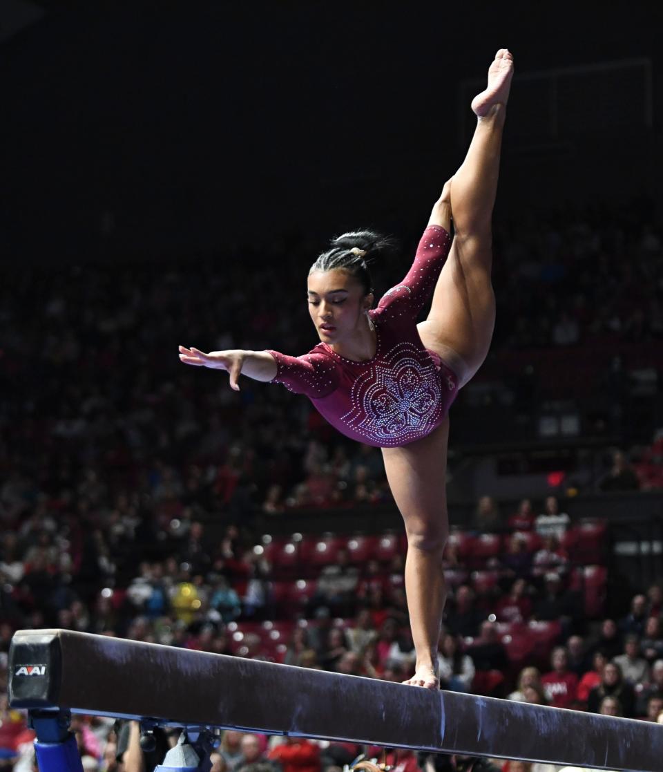 Jan 19, 2024; Tuscaloosa, AL, USA; Alabama gymnast Luisa Blanco competes on the beam in Coleman Coliseum Friday. Alabama and Arkansas tied with scores of 197.525.