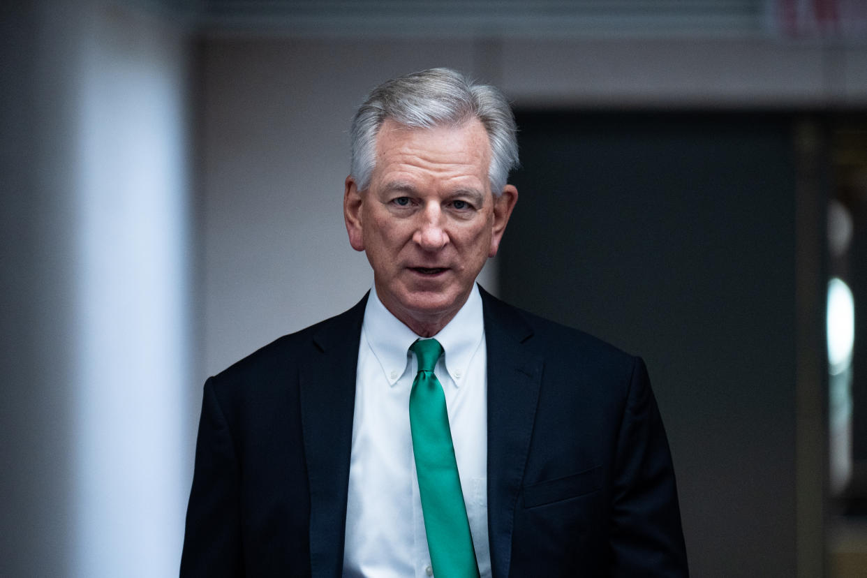 Tommy Tuberville arrives for a Senate Armed Services Committee hearing on July 26.