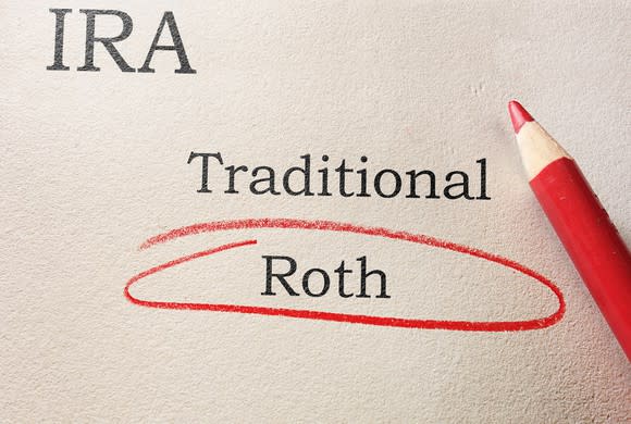 red pencil on paper with the following words typed: IRA, Traditional, Roth. Roth is circled in red.