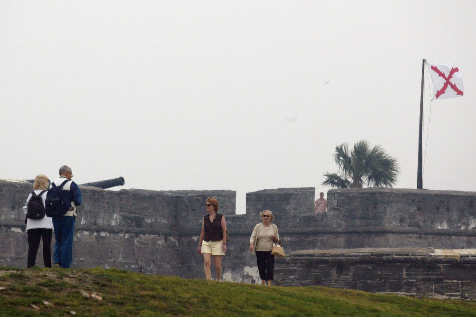 FILE - This May 9, 2007 file photo shows visitors touring the Castillo de San Marcos in St. Augustine, Fla. The Spanish built the Castillo de San Marcos, an imposing fort constructed of the stone coquina between 1672 and 1696. This year Florida is marking the 500th Anniversary since the explorer Ponce de Leon landed in Florida in April 1513, with a series of events related to the state's Spanish heritage and other aspects of its history. (AP Photo/Oscar Sosa, file)