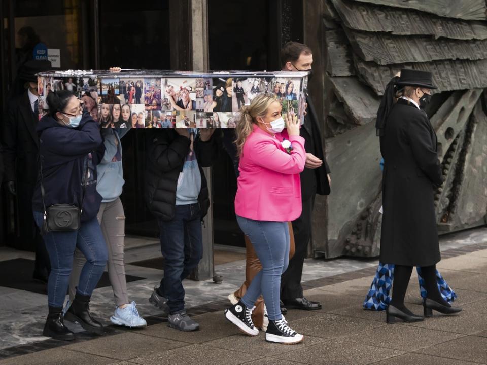 The coffin of Ava White is carried out of Liverpool Metropolitan Cathedral following her funeral (Danny Lawson/PA) (PA Wire)