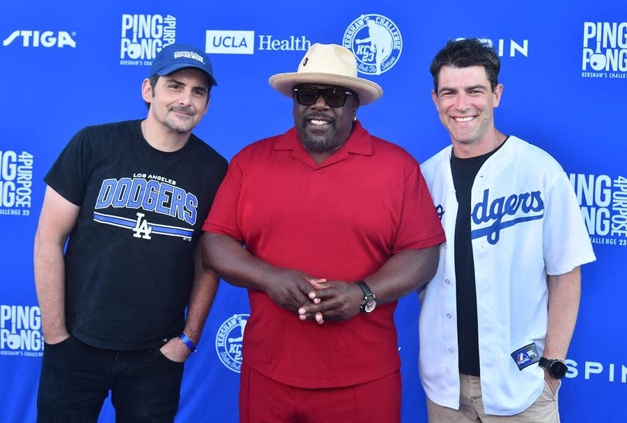 (Left to Right) Brad Paisley, Cedric The Entertainer and Max Greenfield attend the 10th annual Ping Pong 4 Purpose Celebrity Tournament at Dodger Stadium in Los Angeles. (Alberto E. Rodriguez/Getty Images)