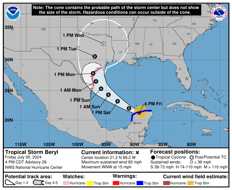 All of Texas now lies within the National Hurricane Center's forecast cone for Beryl.