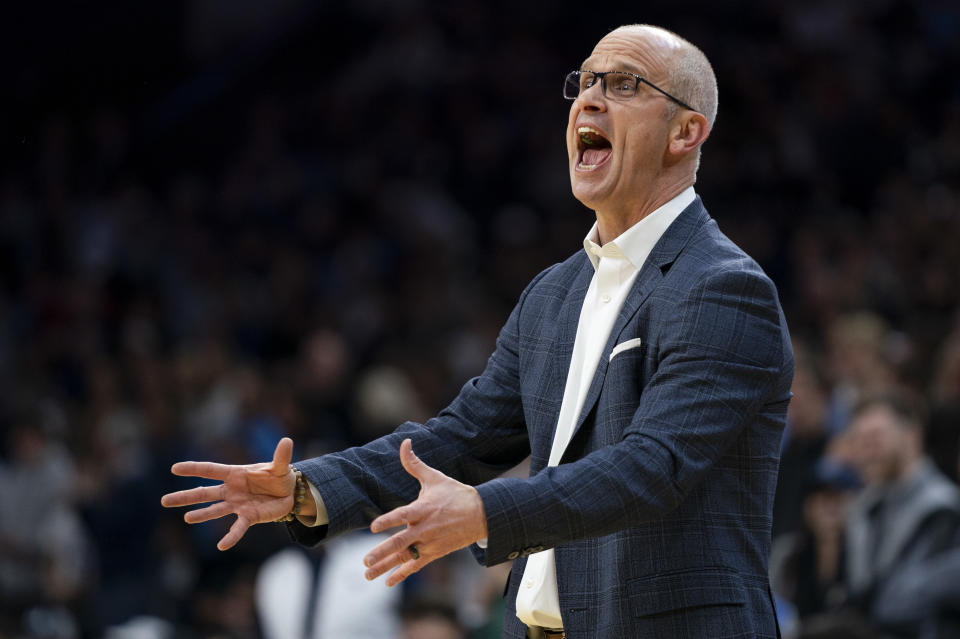 UConn coach Dan Hurley gestures during the first half of the team's NCAA college basketball game against Villanova on Saturday, Jan. 20, 2024, in Philadelphia. (AP Photo/Chris Szagola)