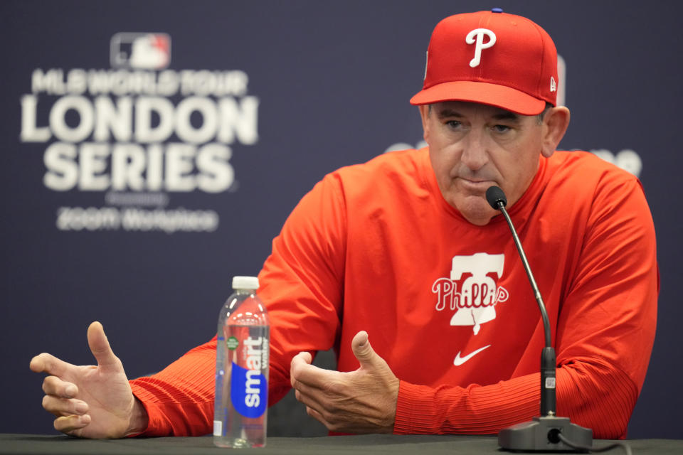 Philadelphia Phillies manager Rob Thomson speaks during a press conference during a workout day at the London Stadium in London, Friday, June 7, 2024. New York Mets will play games against Philadelphia Phillies at the stadium on June 8 and June 9. (AP Photo/Kirsty Wigglesworth)