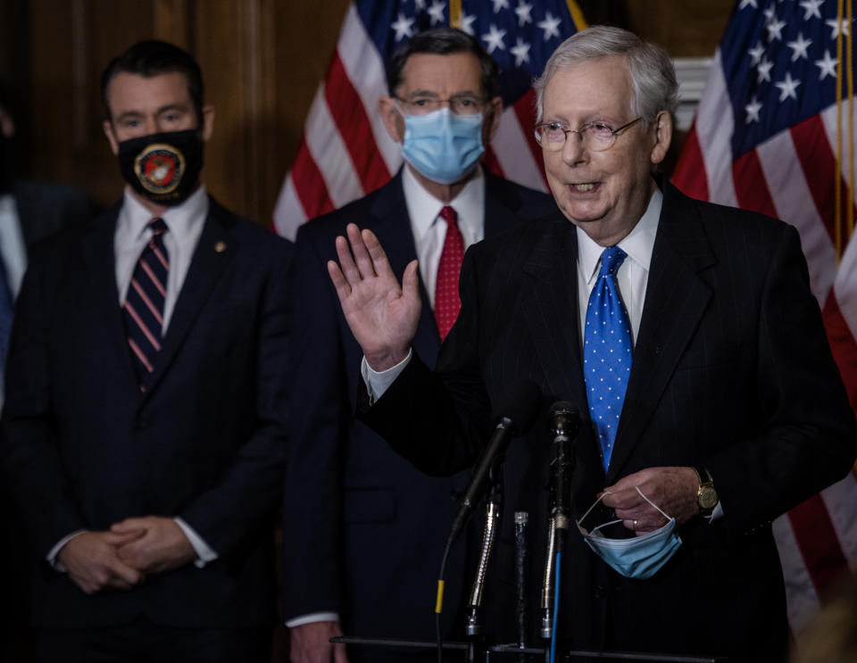 Senate Majority Leader Mitch McMcConnell of Ky., speaks to reporters on Capitol Hill in Washington, Tuesday, Dec. 1, 2020. (Bill O'Leary/Pool via AP)