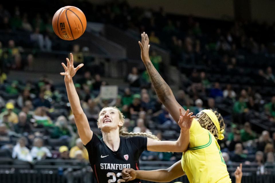 Stanford forward Cameron Brink puts up a shot as the Oregon Ducks host the No. 4 Stanford Cardinal Saturday, March 2, 2024, at Matthew Knight Arena in Eugene, Ore.