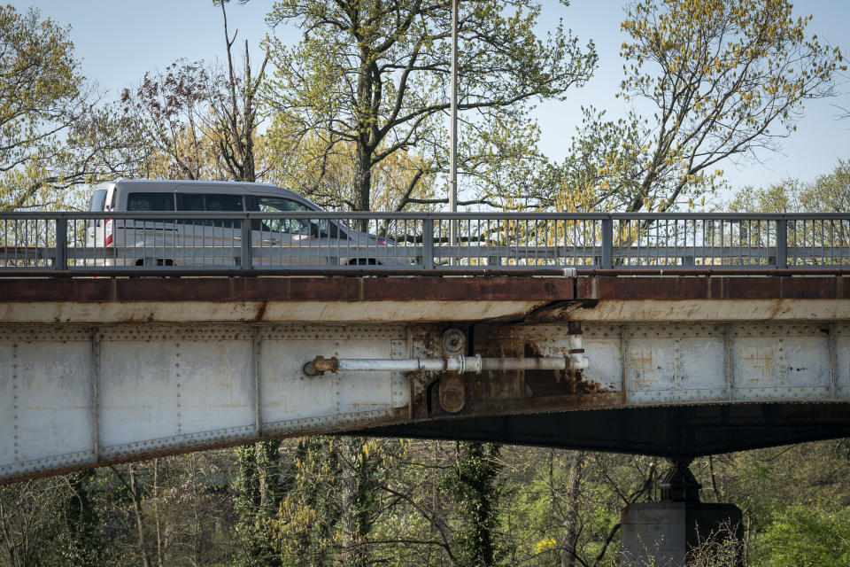 WASHINGTON, DC - APRIL 7: Rust is visible on the Theodore Roosevelt Bridge, which connects Washington, DC to Virginia across the Potomac River, on April 7, 2021 in Washington, DC. In April 2020, the American Road and Transportation Builders Association listed the heavily trafficked bridge as I structurally deficient, the worst rating. At the end of March, President Joe Biden introduced a $2 trillion plan to overhaul and upgrade the nations infrastructure. The plan aims to revitalize the U.S. transportation infrastructure, water systems, broadband internet, make investments in manufacturing and job training efforts, and other goals. (Photo by Drew Angerer/Getty Images)