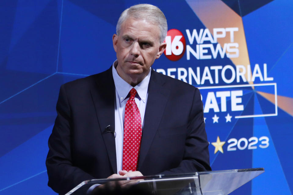 Brandon Presley, the Democratic nominee for Mississippi governor, listens for a question during a televised gubernatorial debate with Republican Mississippi Gov. Tate Reeves, Wednesday, Nov. 1, 2023, in Jackson, Miss. (Brett Kenyon/WAPT via AP)