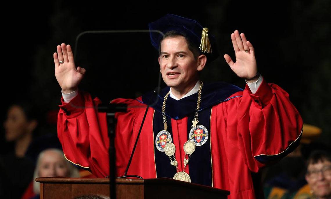 Fresno State President Saúl Jiménez-Sandoval outlined his vision for the university during his investiture ceremony at the Save Mart Center on Sept. 9, 2022.