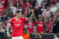 Benfica's Angel Di Maria celebrates after scoring his side's second goal during the Europa League quarterfinals, first leg, soccer match between SL Benfica and Olympique de Marseille at the Luz stadium in Lisbon, Thursday, April 11, 2024. (AP Photo/Armando Franca)