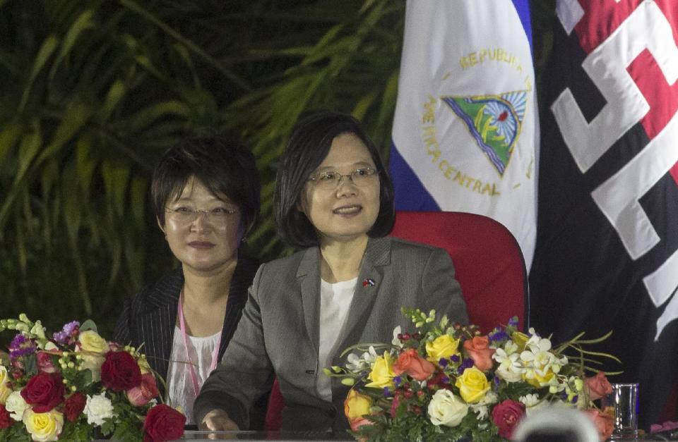 Taiwan's President Tsai Ing-wen attends the inauguration ceremony of Nicaraguan President Daniel Ortega in Managua, Nicaragua, Tuesday, Jan. 10, 2017. The Taiwanese leader is in Nicaragua as part of a weeklong state tour to reinforce Taiwanese relations in Central America. (AP Photo/Miguel Alvarez)