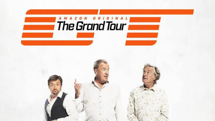 Richard Hammond, Jeremy Clarkson and James May with the Grand Tour logo