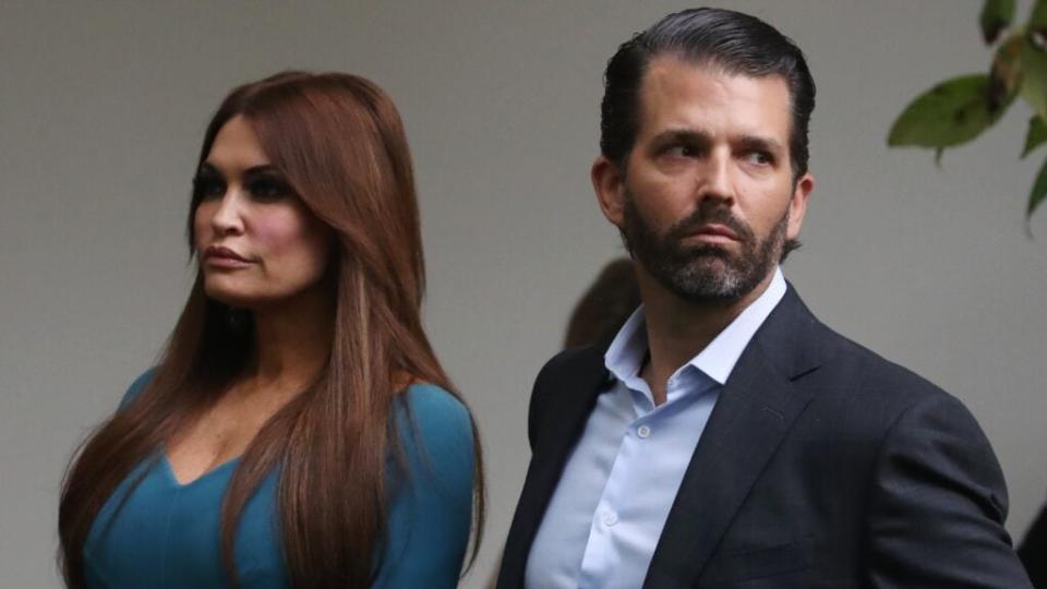 In this July 2019 photo, former Fox News personality Kimberly Guilfoyle and Donald Trump Jr. arrive for a press conference on the U.S. census by President Trump in the Rose Garden of the White House. (Photo by Mark Wilson/Getty Images)