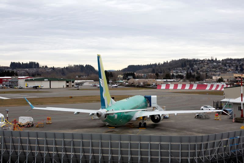 FILE PHOTO: A Boeing 737 MAX aircraft is parked at a Boeing production facility in Renton