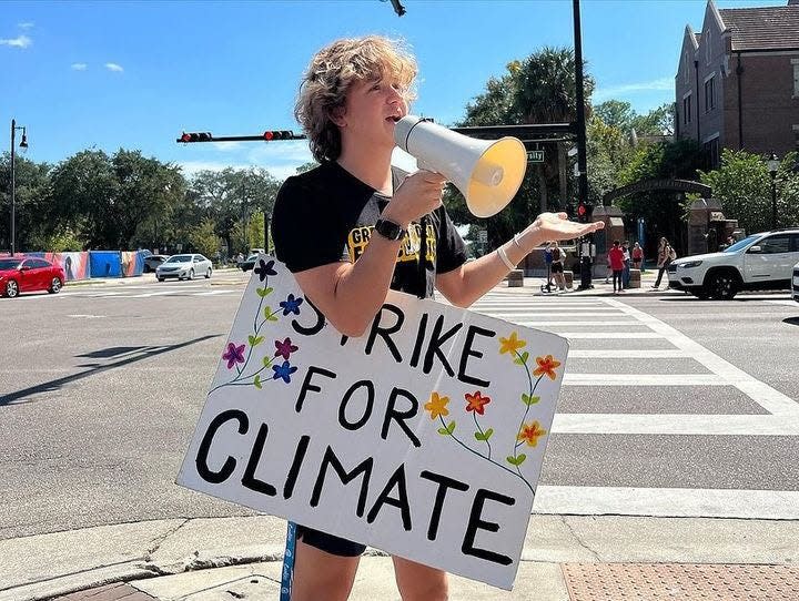 Cameron Driggers, a Flagler-Palm Coast High School graduate who's now a freshman at the University of Florida, speaks at a protest. Along with friends, he has formed the Youth Action Fund, a nonprofit that has attracted money and plans to support young activists.