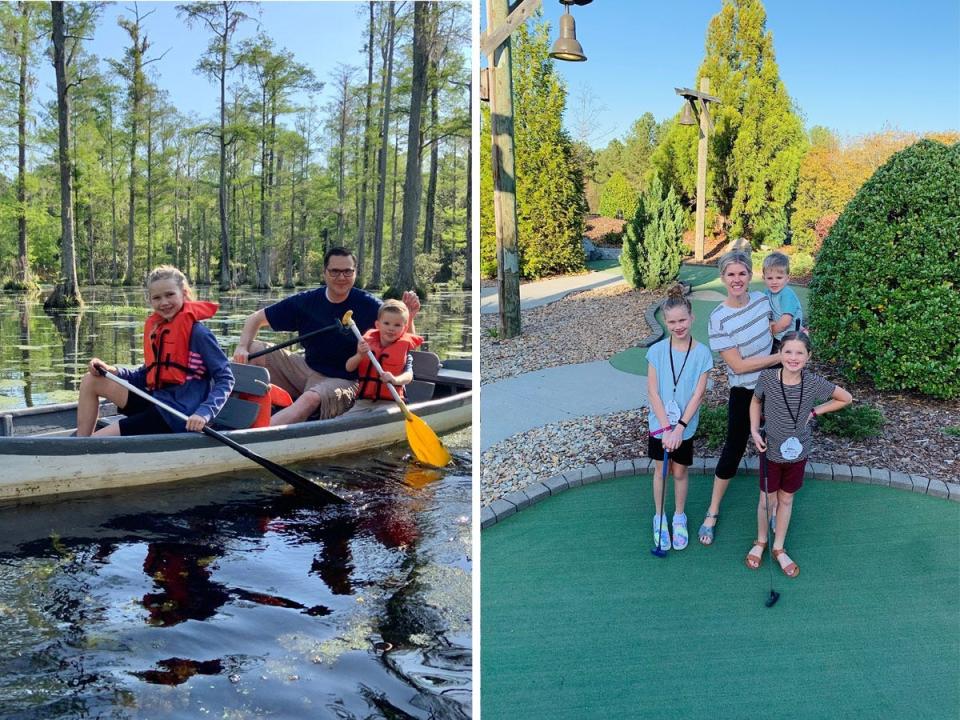 Two side by side images of a man and two children on a canoe and a woman and three kids on a mini golf course.