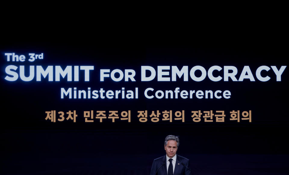 U.S. Secretary of State Antony Blinken speaks during the third Summit for Democracy in Seoul, South Korea, March 18, 2024. (Evelyn Hockstein/Pool Photo via AP)