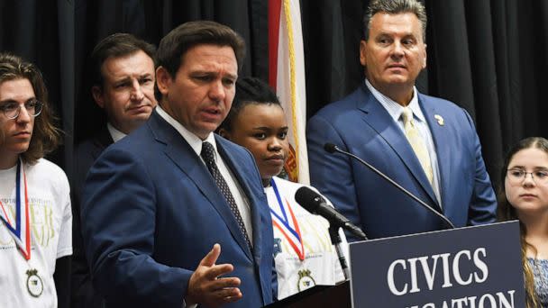 PHOTO: Florida Governor Ron DeSantis speaks at a press conference to discuss Florida's civics education initiative of unbiased history teachings at Crooms Academy of Information Technology in Sanford, Fla., on June 30, 2022. (Paul Hennessy/SOPA Images/LightRocket via Getty Images, FILE)