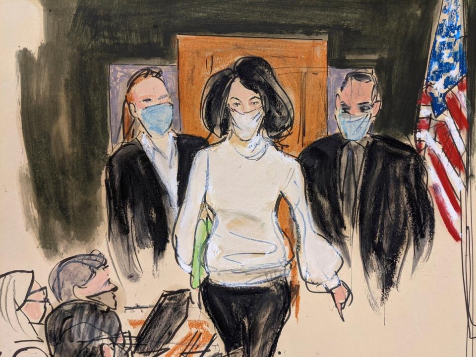 In this courtroom sketch, Ghislaine Maxwell enters the courtroom escorted by U.S. Marshalls at the start of her trial, Nov. 29, 2021, (AP)