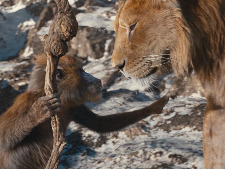 a monkey, presumably rafiki, and a lion, presumably mufasa in a teaser image for mufasa the lion king. ithe moneky is holding a staff and reaching out towards the lion, who looks at him