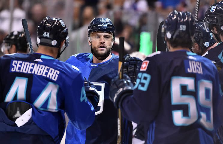 TORONTO, ON - SEPTEMBER 17: Marian Gaborik #12, celebrates with Dennis Seidenberg #44, and Roman Josi #59 of Team Europe after scoring a first period goal during the World Cup of Hockey 2016 at Air Canada Centre on September 17, 2016 in Toronto, Ontario, Canada. (Photo by Minas Panagiotakis/World Cup of Hockey via Getty Images)